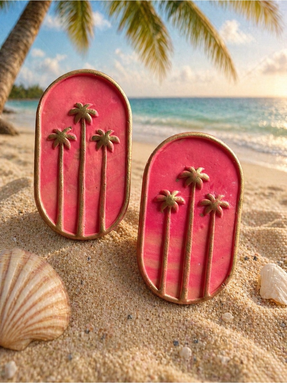 Tropical Palm Handmade Polymer Clay Earrings in Coral Pink